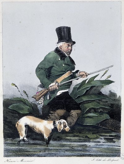 Ember vadászik a kutyájával: „”Mindenki ott leli örömét, ahol találja”” – Henri Monnier „Les pastemps” című kötetében, szerk. Delpech, Párizs alkotó: Henri Bonaventure Monnier