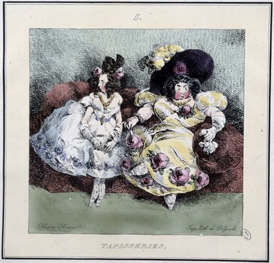 Csúnya nők, akik „” gobelin”-et csinálnak a nappaliban ülve – Henri Monnier „” Parisiennes-ében, szerk. Delpech, Párizs alkotó: Henri Bonaventure Monnier