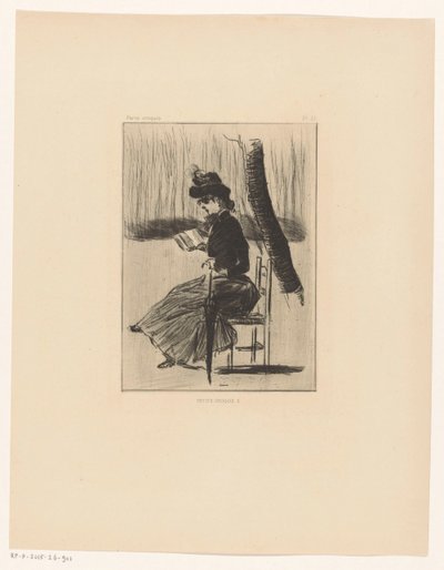 Nő egy könyvvel és egy esernyővel egy széken kívül Petits Croquis 5 (cím a tárgyon) alkotó: Henri Boutet