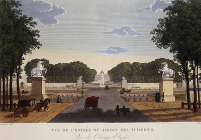 A Tuileries-kert bejárata, kilátással a Champs-Elysées-re, 1820 körül - Courvoisier „” Vues de Paris”-jában alkotó: Henri Courvoisier-Voisin