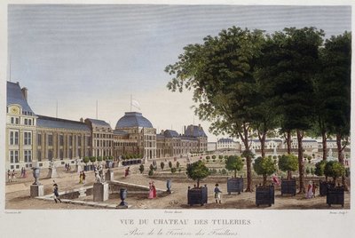 A kert és a Chateau des Tuileries a Les Feuillans teraszáról látható. Courvoisier metszet alkotó: Henri Courvoisier-Voisin