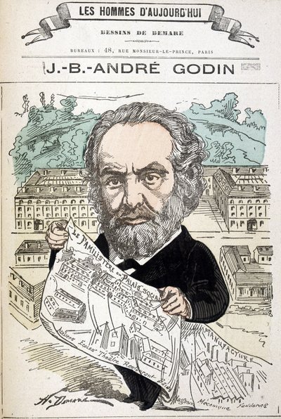 Jean Baptiste André Godin (1817-1888), a család iparos alapítója. Demare rajza „A mai férfiak” c. alkotó: Henri Demare