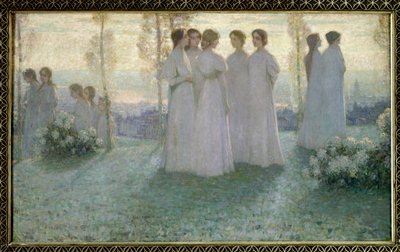 Vasárnap fehérbe öltözött nő beszélget a kertben – Henri Eugene (Henri-Eugene) Le Sidaner (1862-1939) festménye alkotó: Henri Eugene Augustin Le Sidaner