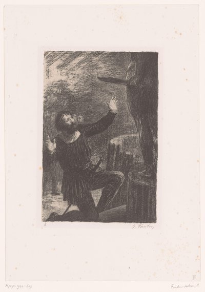 Cellini letérdel Perszeusz bronzszobra előtt Benvenuto Cellini. törvény III. La Fonte du Persee Hector Berlioz élete és művei (sorozat címe) alkotó: Ignace Henri Jean Fantin Latour