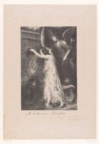 Az angyal és a hírnév megszemélyesítője tiszteletbeli koszorút visz Johannes Brahms sírjánál Á Johannes Brahms (cím a tárgyon) alkotó: Ignace Henri Jean Fantin Latour
