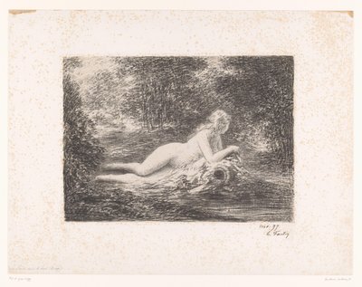 Nimfa vizeskancsóval egy erdei patak mellett La source dans les bois (cím a tárgyon) alkotó: Ignace Henri Jean Fantin Latour
