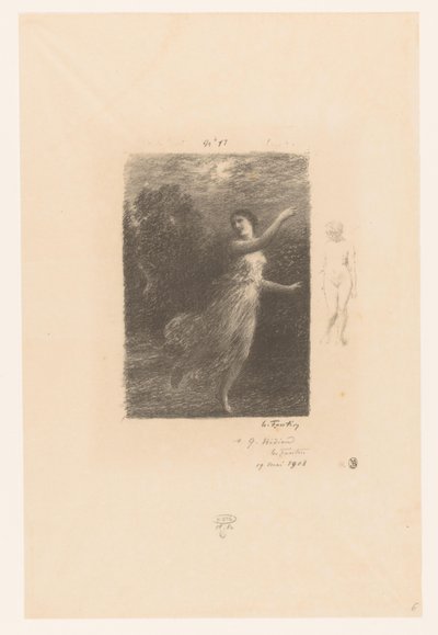 Nimf vlucht weg voor sater Éjjel a vándor nimfa Bukólik. Idillek és idilltöredékek. XXIV Gedichten van André Chénier (sorozat címe) Illusztrációk André Chénier verseihez (sorozat címe) alkotó: Ignace Henri Jean Fantin Latour