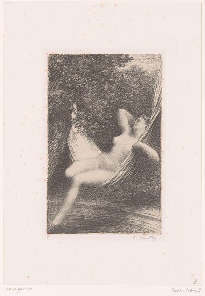 Sara meztelenül ringat egy függőágyban a víz felett Sara la Baigneuse Hector Berlioz élete és művei (sorozat címe) alkotó: Ignace Henri Jean Fantin Latour