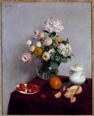Nyári virágok és gyümölcsök festménye, Henri Fantin Latour (Fantin-Latour alkotó: Ignace Henri Jean Fantin Latour