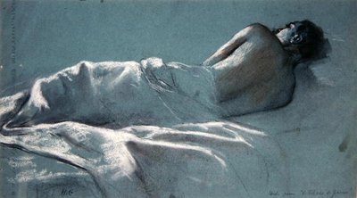 Tanulmány a Le Blesse de Guerre számára (szén vörös-fehér krétával kék papíron) alkotó: Henri Gervex