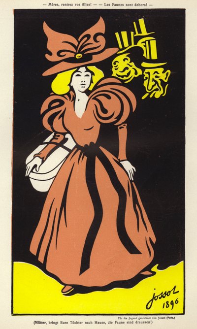 Anyák, hozzátok be a lányaitokat! A faunok kint vannak! (színes litográfia) alkotó: Henri Gustave Jossot