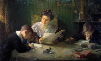 Házi feladat Egy anya segít a gyerekeknek a házi feladat elkészítésében. Henri Jamet (1858-1940) festménye 20. századi Orleans, Musee des Beaux Arts alkotó: Henri Jamet