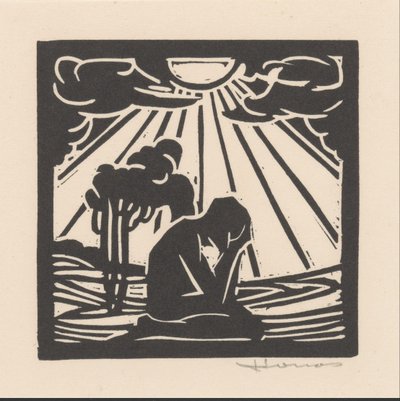 Térdelő alak a fákkal teli tájon alkotó: Henri Jonas (signed by artist)