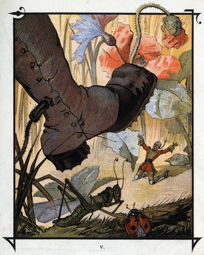 Egy brobdingnagi lakos gigantikus lába nem tudja összetörni Lemuel Gullivert a magas fűben. Illusztráció a Gulliver utazásaihoz, Jonathan Swift (1667-1745) alkotó: Henri Jules Jean Geoffroy