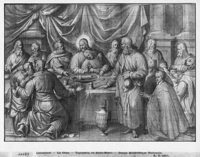 Krisztus élete, az utolsó vacsora, a párizsi Saint-Merri-templom számára készült faliszőnyeg-karikatúra előkészítő tanulmánya, 1585-90 körül (pierre noire és mosás és fehér kiemelések, papír) alkotó: Henri Lerambert