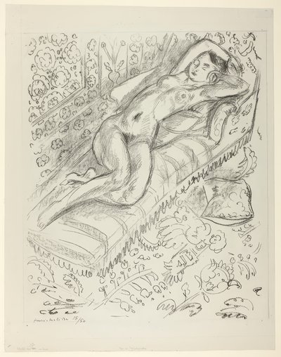 Akt pihenés egy nyugágyon, Mashrabiya háttérrel alkotó: Henri Matisse