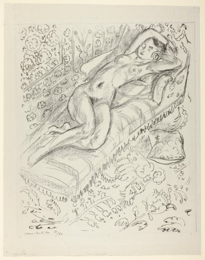 Pihenő akt heverőn, masrabíja-háttérrel alkotó: Henri Matisse