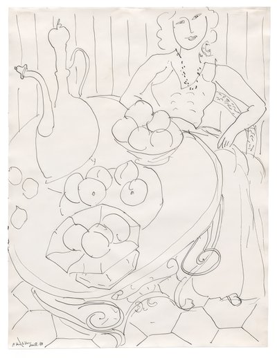 Egy asztalnál ülő nő gyümölcsökkel és kancsóval alkotó: Henri Matisse