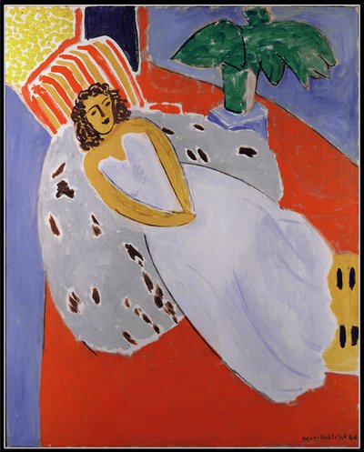 Fiatal nő fehérben, piros háttérrel alkotó: Henri Matisse