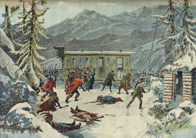 Indiánok támadása a vonat ellen, a Le tour du monde en 80 jours című műből, Párizs 1898 (metszet) alkotó: Henri Meyer