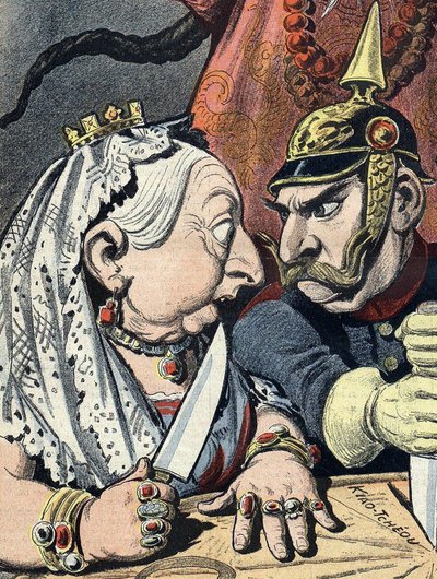 Viktória királynő karikatúrája és II. Vilmos német karikatúrája 1898. január 16-án részlet a kínai imperializmus karikatúrából (kivágva) alkotó: Henri Meyer