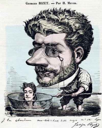 Georges Bizet (1838-1875), francia zeneszerző – karikatúra, Bizet autogramjával, Henri Meyer dit Reyem (1844-1899) a „Diogene”-hez” alkotó: Henri Meyer