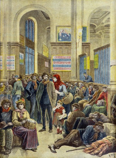 Olasz emigránsok a párizsi Gare Saint Lazare pályaudvaron 1896-ban (metszet) alkotó: Henri Meyer