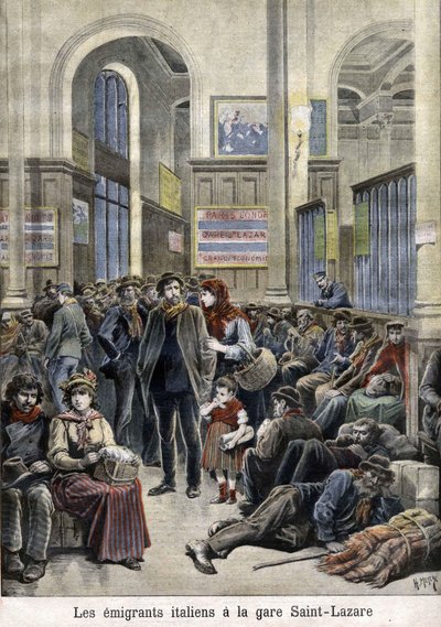 Olasz emigránsok a Szent Lázár (Szent Lázár) állomáson (Szent Lázár) - a "The Petity Journal" című lapban, 1896. március alkotó: Henri Meyer