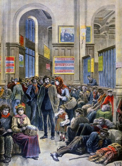 Olasz bevándorlók keresnek menedéket a Gare Saint Lazare pályaudvaron alkotó: Henri Meyer