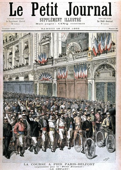 A PetitJournal által szervezett Párizs - Belfort futáson részt vevő tömeg rajtja az 1892.06.18-i „” Le petit Journal””-ban. alkotó: Henri Meyer