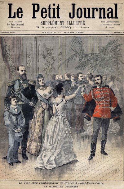 III. Sándor cár Franciaország nagyköveténél Montebello grófja Szentpéterváron 1893-ban. Becsületrács. A Le Petit Journal 1893 borítója (metszet) alkotó: Henri Meyer