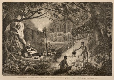 Henri Mouhot kemping Laosz dzsungeleiben, M. Henri Mouhot „Utazások Indo-Kína (Siam), Kambodzsa és Laosz középső részein az 1858-as, 1859-es és 1860-as években” című művéből. alkotó: Henri Mouhot
