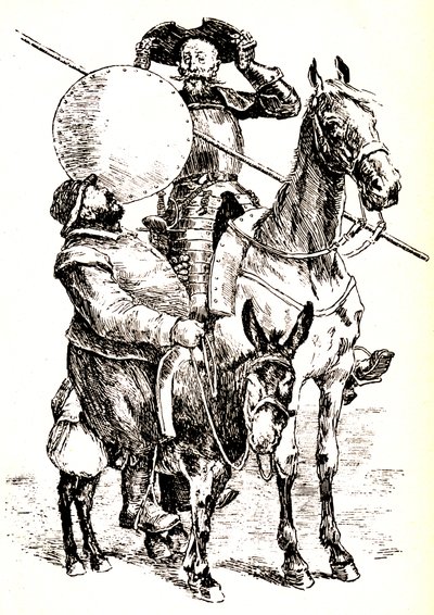 Don Quijote a lován, mellette Sancho a szamarán. alkotó: Henri Pille