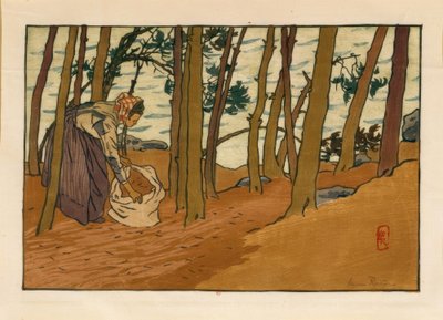 Fenyőtűt gyűjtő nő (Bords du Trieux, Loguivy) alkotó: Henri Rivière