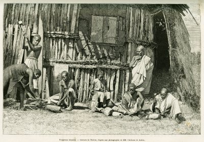 Abessine kovácsok. Thiriat metszet, fénykép után, a Voyage au Choa (Abyssinie meridionale) történet illusztrálására alkotó: Henri Thiriat