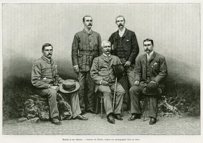 Henry Morton Stanley (John Rowlands 1841-1904) portréja balról veszi körül tisztjeit: Dr. Thomas Heazle Parke-t (1857-93), Robert H. Nelsont, William G. Stairst és Arthur J. M. Jephsont. Thiriat metszete a Dans les tenebr című történet illusztrálására alkotó: Henri Thiriat