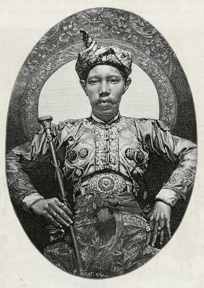 Mohammed Yamalul Alam, Soulou (vagy Sulu) (Fülöp-szigetek) szultánjának portréja 1880-ban. Thiriat metszet a „” Utazás a Fülöp-szigetekre” című történet illusztrálására. alkotó: Henri Thiriat