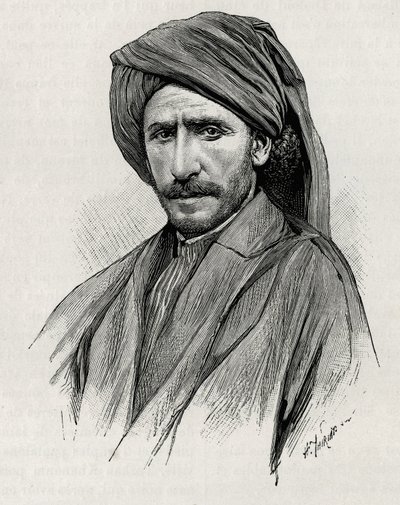 Mózes sejk arcképe, Arabisztán (vagy Arab-félsziget) leghatalmasabb törzsi vezére. Thiriat metszet a „Perzsia, Káldea és Susiane” történet illusztrálására alkotó: Henri Thiriat