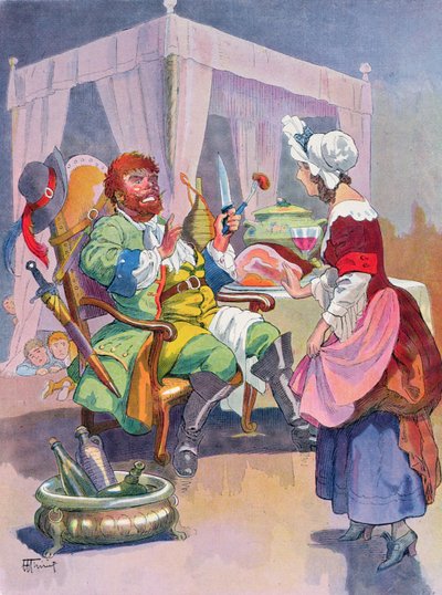 Az Ogre friss emberhúst illat, illusztráció a 20. század eleji perraulti meséhez, a „Tom Thumb” (“Le Petit Poucet”) (színes litó) alkotó: Henri Thiriet