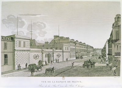 A Bank of France a Rue Croix-Petits-Champs utcáról, Eugene Dubois metszet, 1800 alkotó: Henri after Courvoisier Voisin