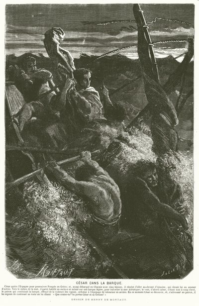 Julius Caesar rabszolgának álcázva felfedi kilétét az Adriai-tengeren való átkelés közben viharba esett csónak legénysége előtt, ie 48 (metszet) alkotó: Henri de (after) Montaut