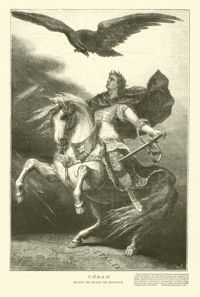 Julius Caesar lóháton, felette parlagi sassal (metszet) alkotó: Henri de (after) Montaut
