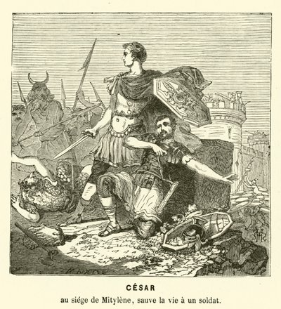 Julius Caesar megmentette egy katona életét Mytilene ostrománál, Leszbosz, Görögország, Kr.e. 81. (metszet) alkotó: Henri de (after) Montaut