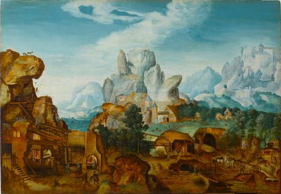 Sziklás táj egy kovácsművel A repülés Egyiptomba, 1550 előtt. alkotó: Henri de Herri met de Bles
