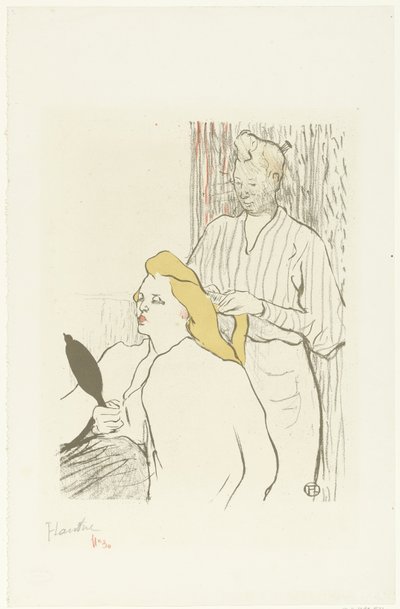 Fodrász fésüli ülő nő haját tükörrel a kezében Coiffeur Program du Théâtre Libre alkotó: Henri de Toulouse Lautrec (signed by artist)