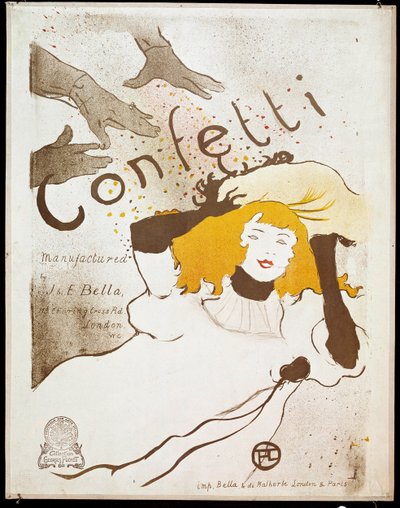Konfetti: kezek konfetti csuklót vetnek egy sárga hajú nőre. Henri de Toulouse-Lautrec (1864-1901) plakátja. Homályos. 0,54 x 0,39. 1893. Albi, Musee Toulouse Lautrec alkotó: Henri de Toulouse Lautrec