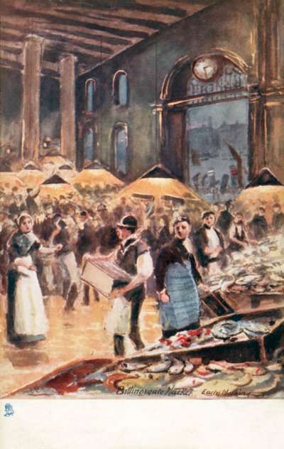 Régi London: Billingsgate piac, kora reggel (színes litográfia) alkotó: Henrie Pitcher