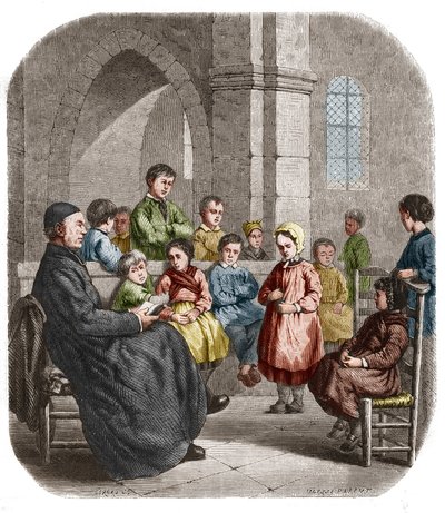 Le cathechisme, 1860-as metszet Henriette Browne (Mme Jules de Saux, dit) (szül. Henriette Sophie de Bouteiller) (1829-1901) festménye után. alkotó: Henriette Browne