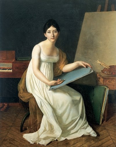 A művész portréja, fehér ruhát visel, kezében egy vázlatrajzolóval alkotó: Henriette Lorimier