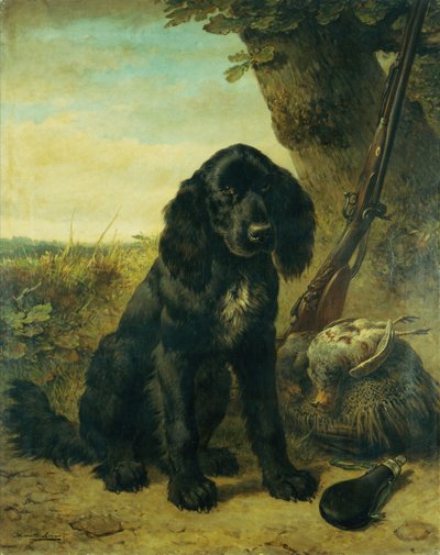 Lapos szőrű retriever egy fa mellett (olaj, vászon) alkotó: Henriëtte Ronner Knip